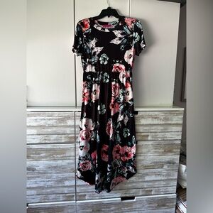 🌸 Ruiyige Black Floral Midi Dress Pink Roses Flutter Sleeve M